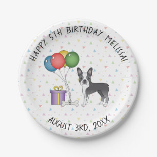 Prato De Papel Blue E Branco Boston Terrier Cachorro Fofo - Anive