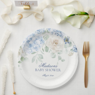 Prato De Papel Blue Floral Baby in Bloom Hydrangea Chá de fraldas