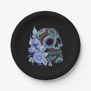 Prato De Papel Blue Floral Black Sugar Skull Day Of The Dead