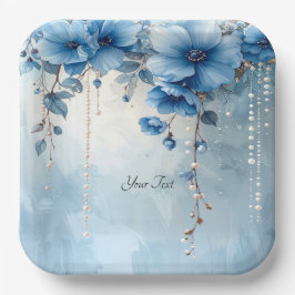 Prato De Papel Blue Flowers and Pearls Paper Plate