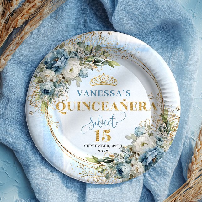 Prato De Papel Blue Flowers Eucalyptus Gold Custom Quince Plates (Blue Flowers Eucalyptus Gold Custom Quince Plates)