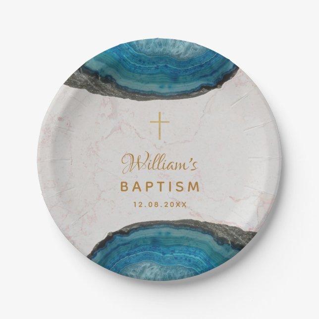 Prato De Papel Blue Geode Boy Baptism Marble Cross Dourado (Frente)