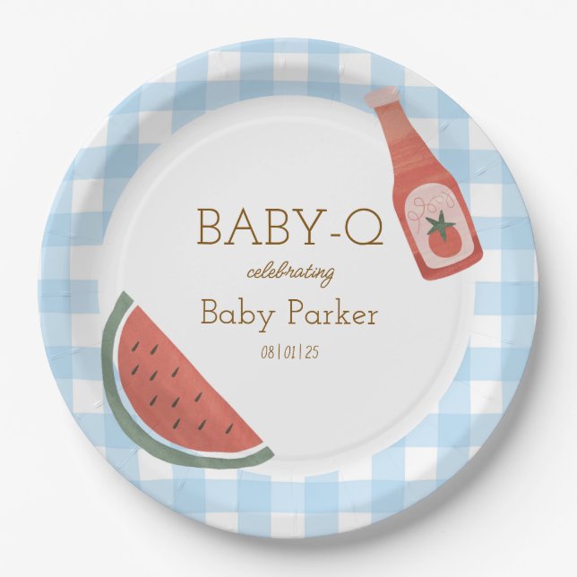 Prato De Papel Blue Gingham Baby-Q Circular Plate (Frente)