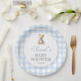 Prato De Papel Blue Gingham Bear Baby Shower