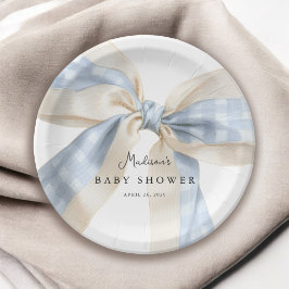 Prato De Papel Blue Gingham Checks Bow Baby Shower