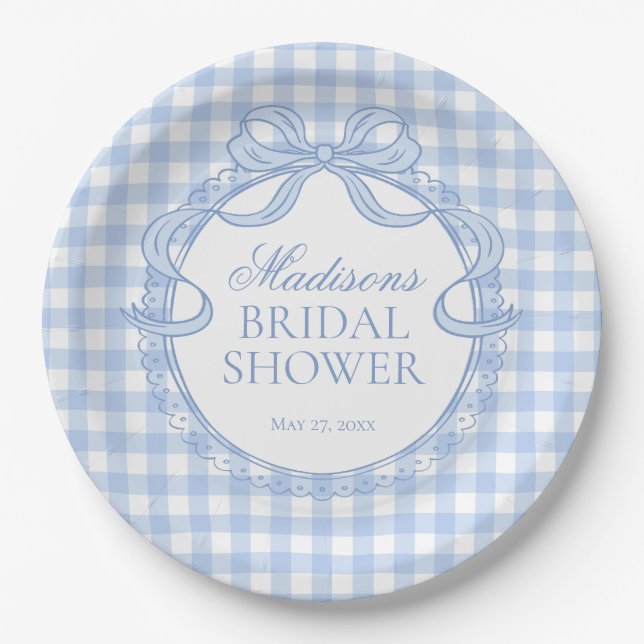 Prato De Papel Blue Gingham Coquette Bow Bridal Shower (Frente)