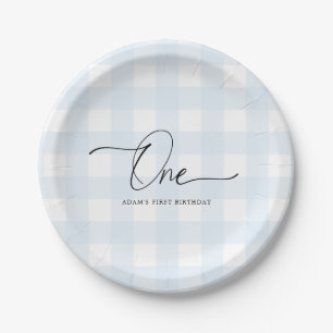 Prato De Papel Blue Gingham First Birday Paper Plates