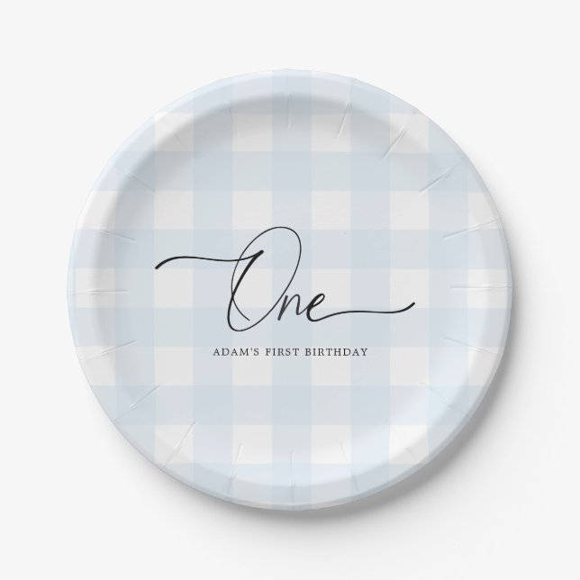 Prato De Papel Blue Gingham First Birday Paper Plates (Frente)