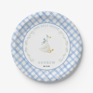 Prato De Papel Blue Gingham Floral One Silly Goose 1st Birthday