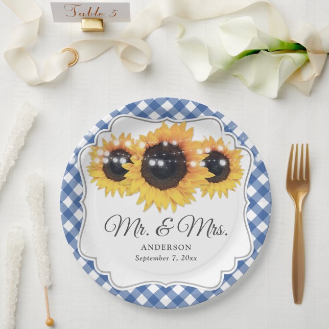 Prato De Papel Blue Gingham Sunflower Sr. e Sra. Wedding (Casamento)
