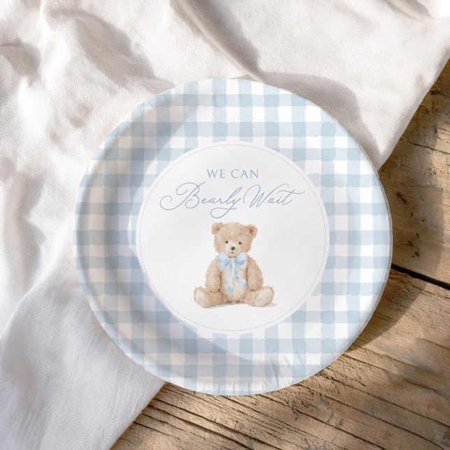Prato De Papel Blue Gingham Teddy Bear Baby Shower (Criador carregado)