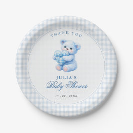 Prato De Papel Blue Gingham Teddy Bear Neutral Baby Shower