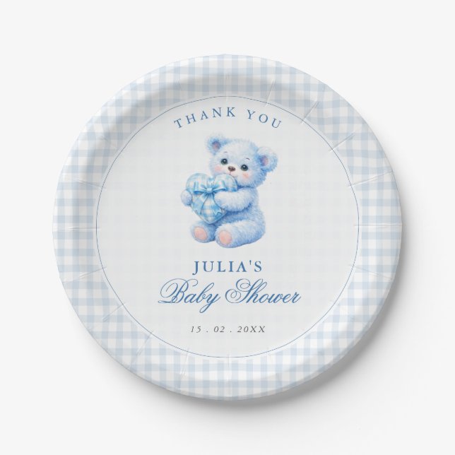 Prato De Papel Blue Gingham Teddy Bear Neutral Baby Shower (Frente)