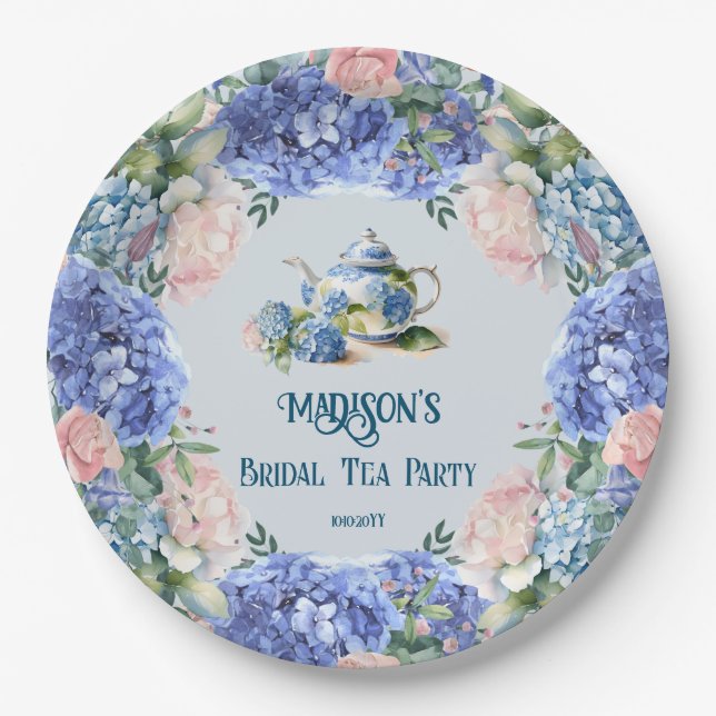 Prato De Papel Blue Hydrangea Bridal Tea Party (Frente)