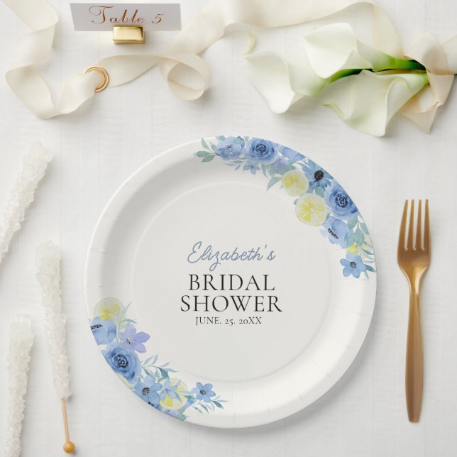 Prato De Papel Blue Mediterranean Lemon Bridal shower (Casamento)