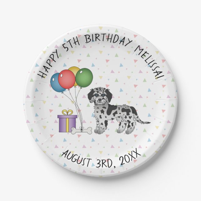Prato De Papel Blue Merle Mini Goldendoodle Cartoon Dog Aniversár (Frente)
