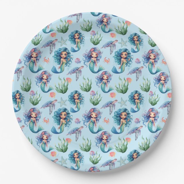 Prato De Papel Blue Mermaid Birthday Party Paper Plates Blue (Frente)
