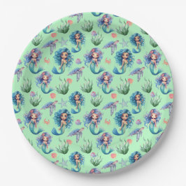 Prato De Papel Blue Mermaid Birthday Party Paper Plates Green