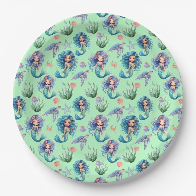 Prato De Papel Blue Mermaid Birthday Party Paper Plates Green (Frente)