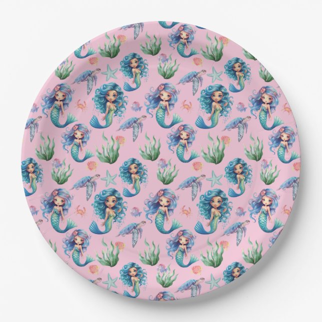 Prato De Papel Blue Mermaid Birthday Party Paper Plates Pink (Frente)