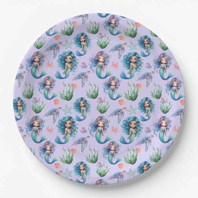 Prato De Papel Blue Mermaid Birthday Party Paper Plates Purple (Frente)