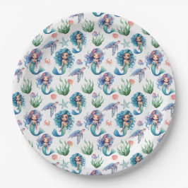 Prato De Papel Blue Mermaid Birthday Party Paper Plates White