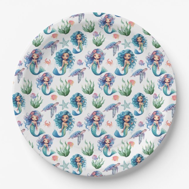 Prato De Papel Blue Mermaid Birthday Party Paper Plates White (Frente)