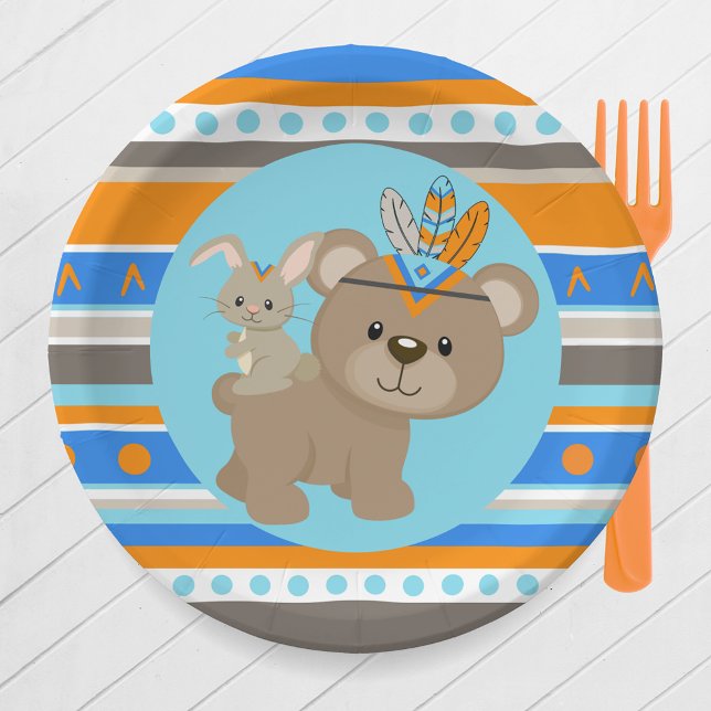 Prato De Papel Blue Patternland Bear & Bunny Party (Tribal Woodland Forest Bear & Bunny Part Paper Plates in Blue, Baby Blue. Orange, Brown & Tan)