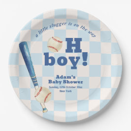 Prato De Papel Blue Plaid Little Slugger Baseball Baby Shower