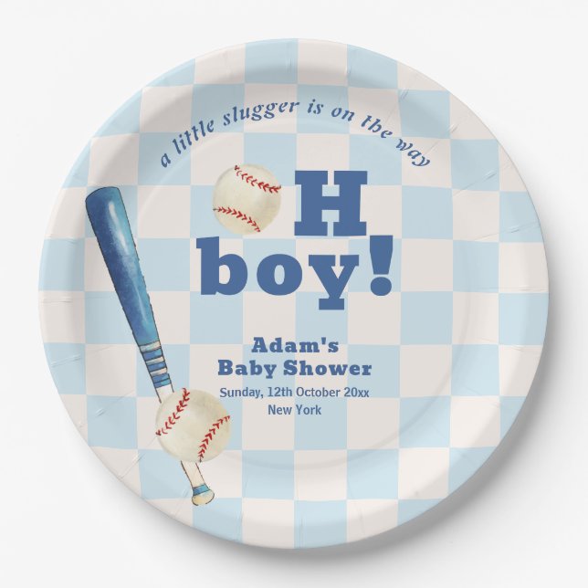 Prato De Papel Blue Plaid Little Slugger Baseball Baby Shower  (Frente)