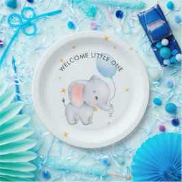 Prato De Papel Blue Playful Elephants Baby Shower
