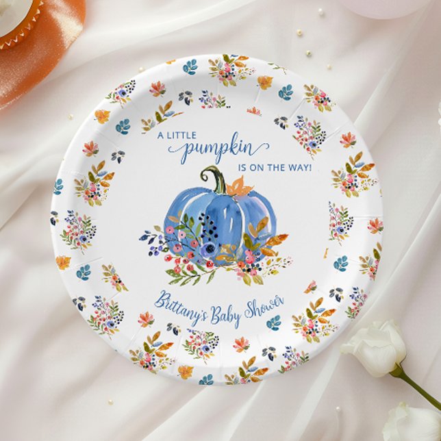 Prato De Papel Blue Pumpkin Autumn Whimsical Baby Shower (Criador carregado)