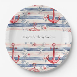 Prato De Papel Blue Red Anchors Floral Stripes Beach Birthday