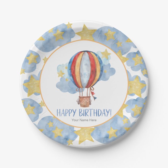 Prato De Papel Blue Red Hot Air Balloon Stars Kids Feliz Aniversá (Frente)