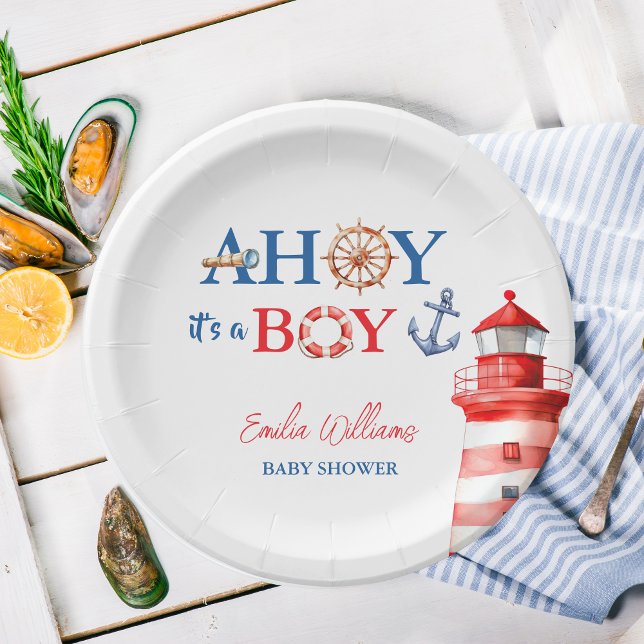 Prato De Papel Blue Red Nautical Ahoy Boy Lighthouse Baby Shower (Criador carregado)