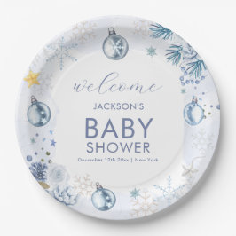 Prato De Papel Blue Snowflake Flower Winter Baby Shower Welcome