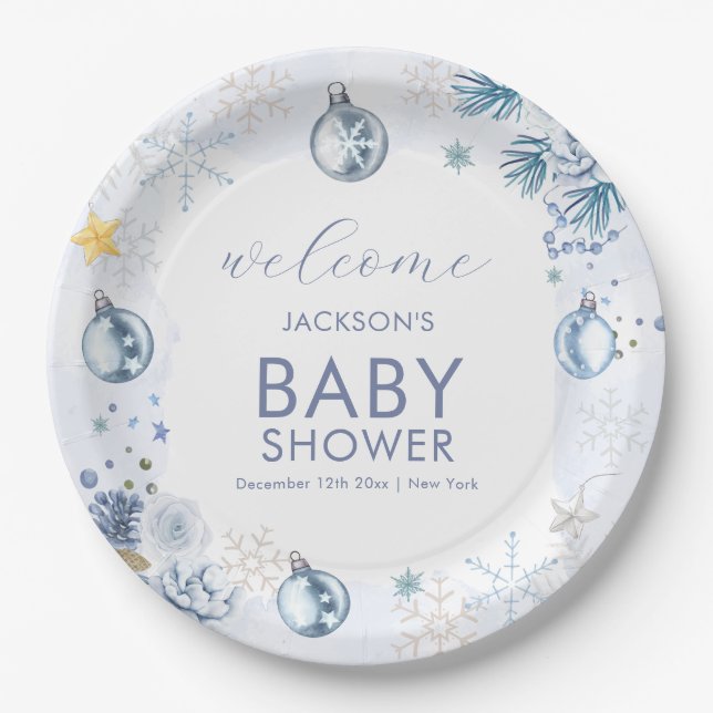 Prato De Papel Blue Snowflake Flower Winter Baby Shower Welcome (Frente)