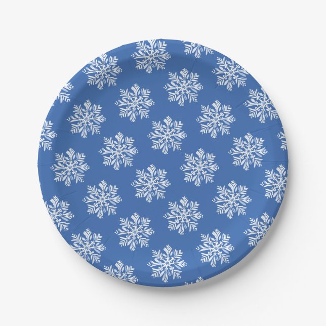 Prato De Papel Blue Snowflake Winter Pattern Christmas Holiday  (Frente)