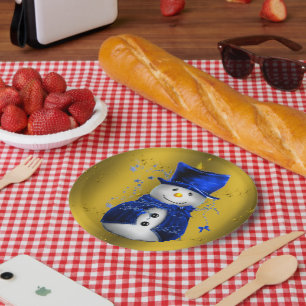 Prato De Papel Blue Snowman no Dourado Natal