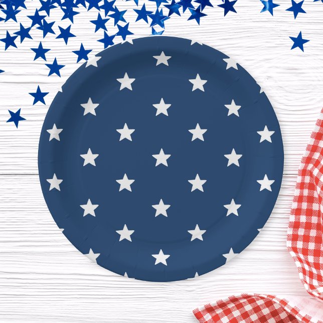 Prato De Papel Blue Stars Patriotic 4º de julho de Verão (Blue Stars Patriotic 4th of July Summer Party Paper Plates)