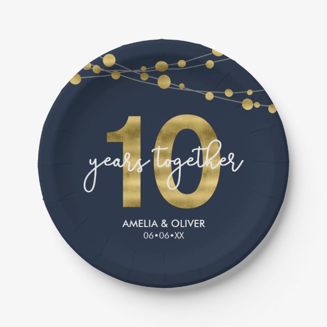 Prato De Papel Blue Strings of Lights 10th Anniversário Party (Frente)