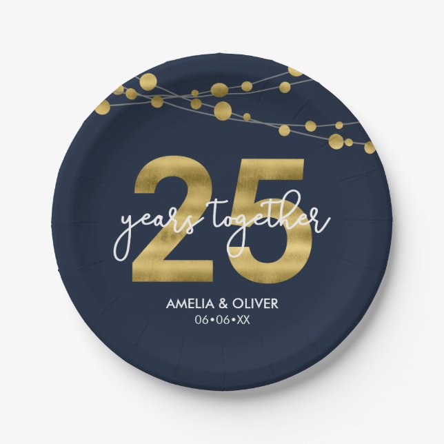 Prato De Papel Blue Strings of Lights 25 Anniversário Party (Frente)