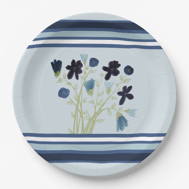Prato De Papel Blue Stripe e Floral (Frente)