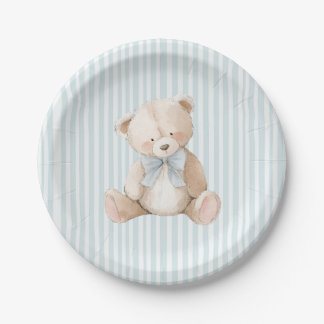 Prato De Papel Blue Striped Teddy Bear Baby Birthday Paper Plates