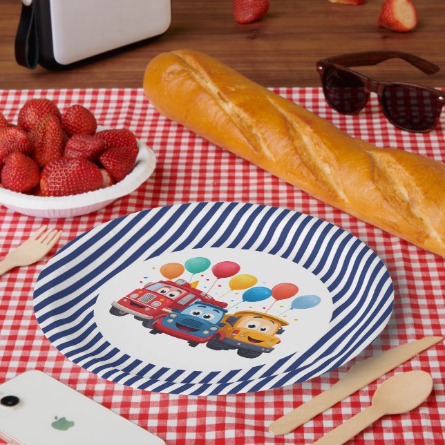 Prato De Papel Blue Striped Truck Birthday Theme (Piquenique)