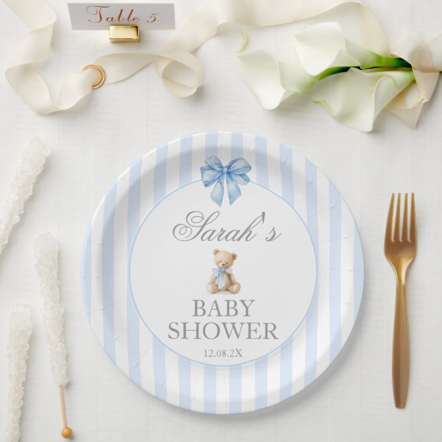 Prato De Papel Blue Stripes Bear Baby Shower (Casamento)