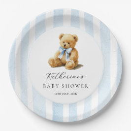 Prato De Papel Blue Stripes Bear Baby Shower 
