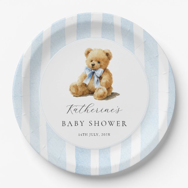 Prato De Papel Blue Stripes Bear Baby Shower  (Frente)