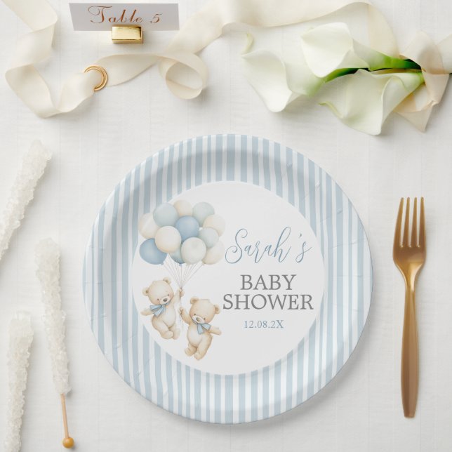 Prato De Papel Blue Stripes Twins Bears Baby Shower (Casamento)
