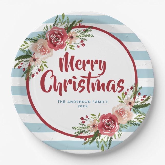 Prato De Papel Blue Stripes Watercolor Flores Natal (Frente)